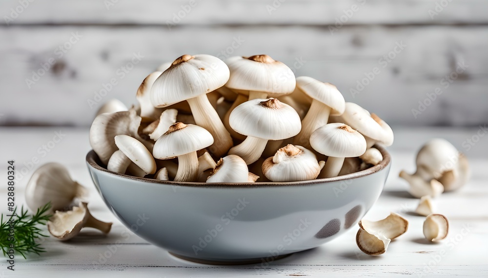 Raw White Champignon Mushrooms in a Bowl on a white wooden background, side view. Close-up.
Raw White Champignon Mushrooms in a Bowl on a white wooden background, side view. Close-up.