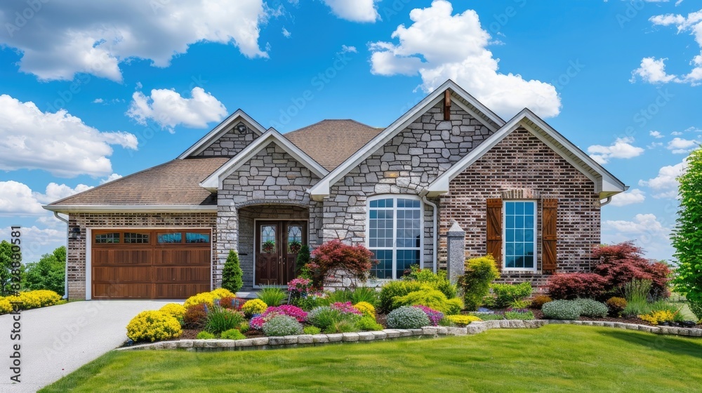 New brick and stone traditional style home exterior with front door, garage and landscape in the country town of Norman okiti on a blue sky background. ,8k, real photo, photography