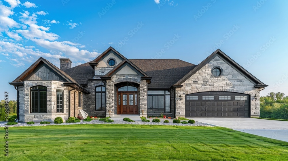 New brick and stone traditional style home exterior with front door, garage and landscape in the country town of Norman okiti on a blue sky background. ,8k, real photo, photography