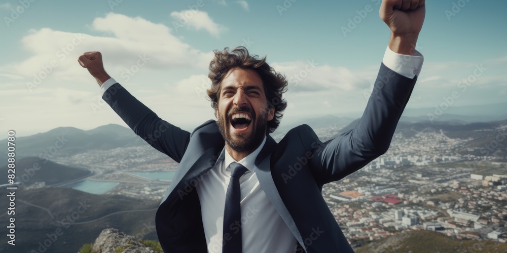 The businessman spread his arms to the sides. The leader stands on the top of the mountain. Generative AI. The businessman spread his arms to the sides. The leader stands on the top of the mountain. Generative AI.