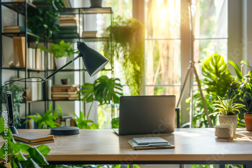 A bright home office setup featuring a sleek laptop on a wooden desk  illuminated by a modern desk lamp. Surrounded by lush green plants and bookshelves  creating a vibrant. Generative AI.