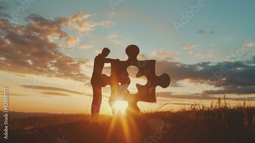 Teamwork  partnership and cooperation concept. Silhouettes of two businessman joining two pieces of puzzle together.