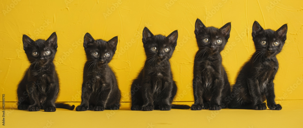 Five black kittens on a yellow background