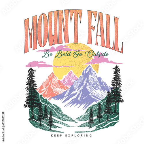 Vintage Retro girls women's  mountains graphic tee ,Mountain with tree retro vintage print design. the great outdoors, Explore the great outdoors, vector mountain with sunset , mountain graphic