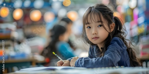 Diligent Asian student fully immersed in academic pursuits. Concept Academic Success, Diligent Study Habits, Asian Student Experience, Focus on Education photo