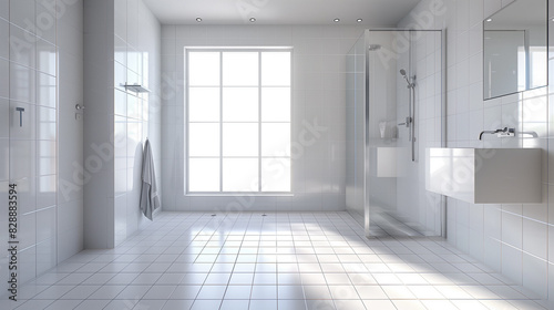 Minimal style white bathroom 3d render, There are large white tile wall and floor.There have glass partition for shower zone,The room has large windows.Natural light transmitted through the room.