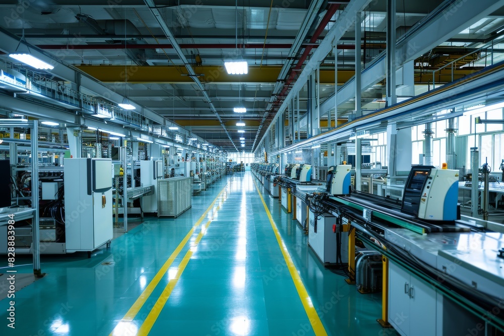 Intelligent factory production line, Robots working in a busy industrial factory, assembling products on conveyor belts. AI generated Intelligent factory production line, Robots working in a busy industrial factory, assembling products on conveyor belts. AI generated