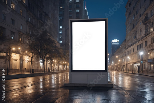 Blank empty billboard white screen on night city background