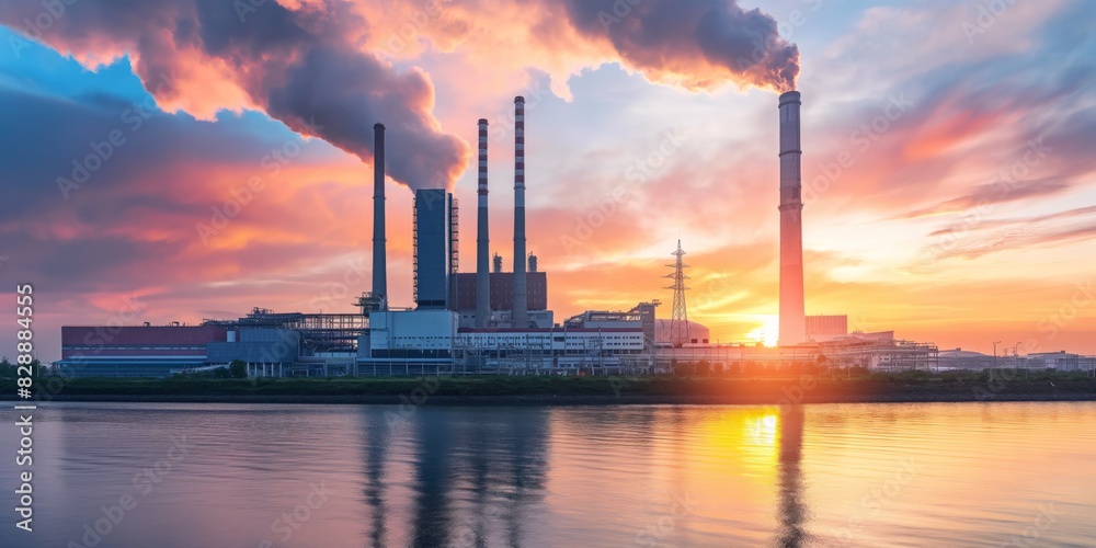 Industrial landscape at sunset with smokestacks reflecting on water and dynamic skies, concept of environmental impact