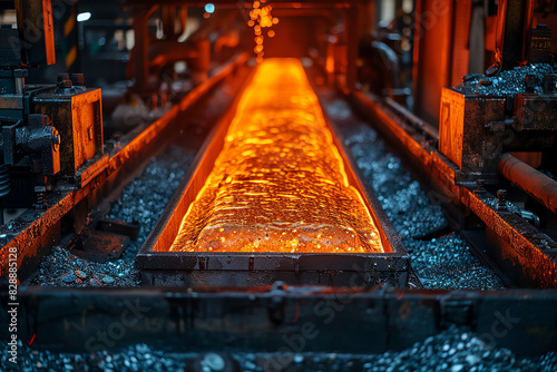 A river of molten metal flows through a steel mill photo