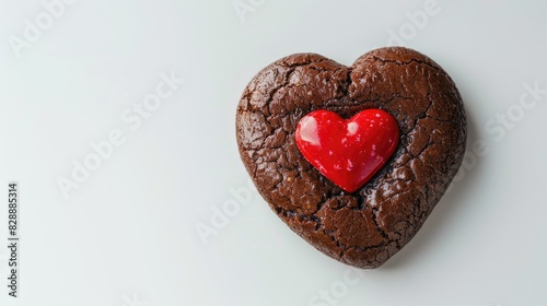 Red heart shaped candy placed on a chocolate cookie against a white backdrop