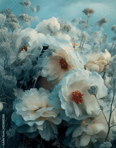 https://s.mj.run/3D45f4TfQ0s an empty field with flowers near the sky, in the style of alberto seveso, dark silver and light blue, olivier valsecchi, uhd image, intricate floral arrangements, close-up photo