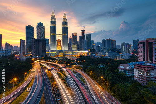Speedy motion forward flyover with beautiful Kuala Lumpur city skyline Twilight scene .  photo