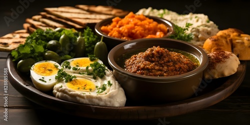 Middle Eastern Breakfast Platter Featuring Labneh, Muhammara, Zaatar, and Assorted Items. Concept Middle Eastern Cuisine, Breakfast Platter, Labneh, Muhammara, Zaatar, Assorted Items
