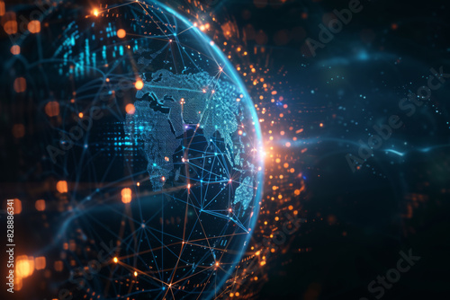 Connection lines Around Earth Globe  Motion of digital data flow. Futuristic Technology Theme Background with Light Effect. 3D Rendering 