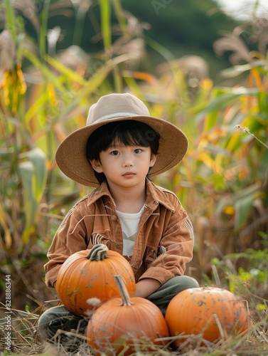 Young boy sits in field with pumpkins.