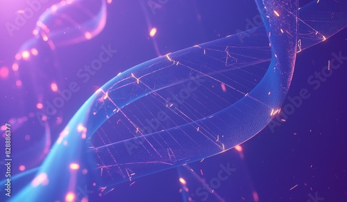 3D render of a double helix DNA structure with glowing purple and blue colors on a black background.