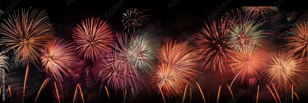 Pyrotechnics and fireworks on black night sky. Firework banner and traditional celebration background Pyrotechnics and fireworks on black night sky. Firework banner and traditional celebration background