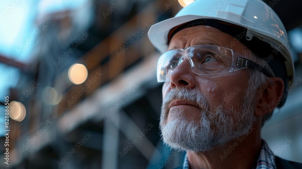 Man wearing safety glasses looks up while working. Man wearing safety glasses looks up while working.