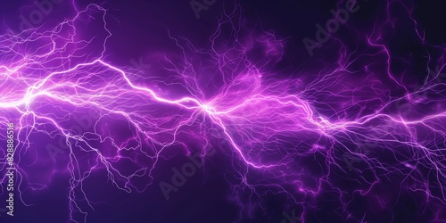 A display of intense electric purple lightning bolts striking through the night sky representing energy and power © gunzexx png and bg