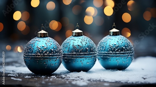 Festive Blue Christmas Ornaments on Snowy Surface