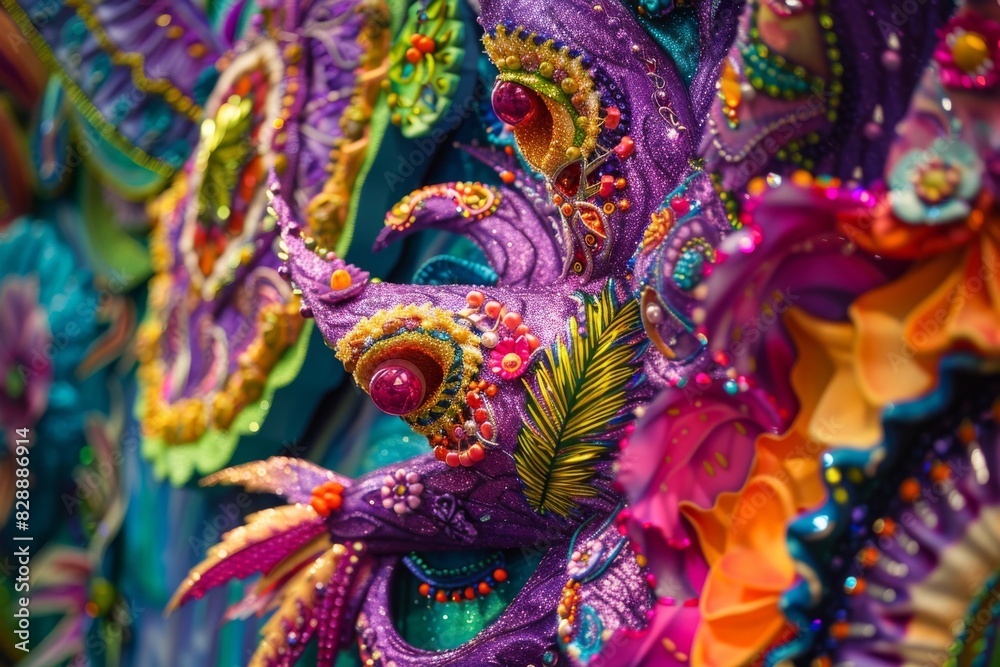 A vivid close-up showcases the intricate details of a Mardi Gras parade float, bursting with vibrant colors and elaborate designs.