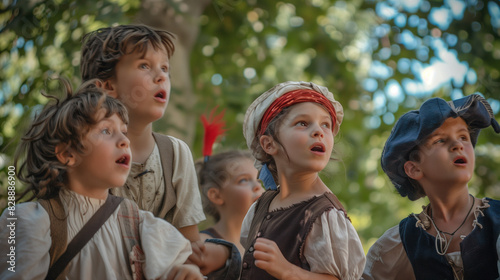 children, girl and boys dressed in traditional french clothes look up in surprise, copy space, france independence day concept © Sippel