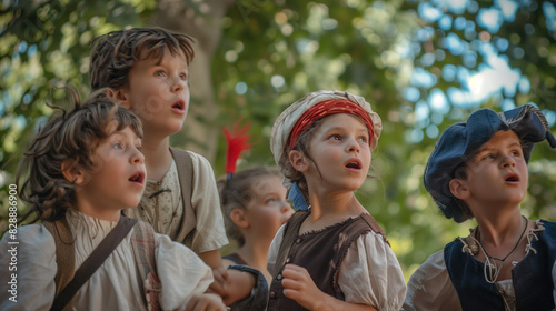 children, girl and boys dressed in traditional french clothes look up in surprise, copy space, france independence day concept