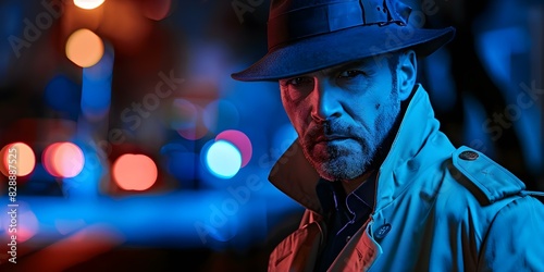 Detective in Trench Coat and Hat Investigating a Crime Scene at Night. Concept Mystery, Detective, Crime Scene, Nighttime, Investigating photo