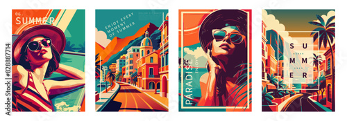 Set of retro style summer postcards, image of beautiful women with sunglasses and hat, streetscape. Vector illustration for design of posters, brochures, advertising materials.