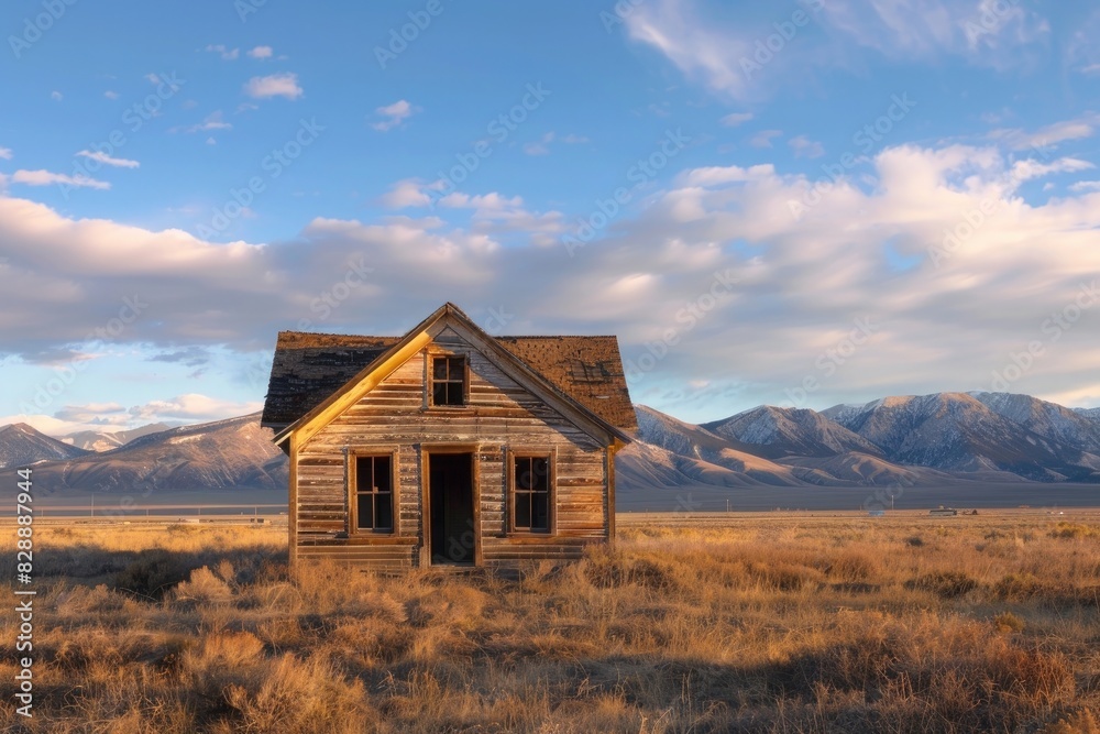 Old wooden house in the middle of an open field with mountains and blue sky in the background at dusk, in USA. Photograph