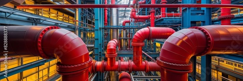 Vibrant red pipes run through a blue steel framework inside an industrial building with a complex, symmetrical design
