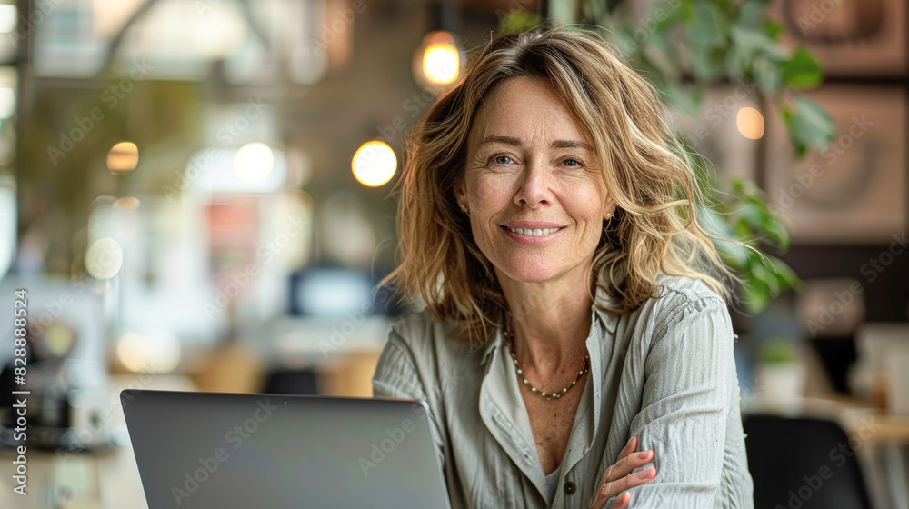 a woman leaning towards her laptop, a warm smile gracing her face. a woman leaning towards her laptop, a warm smile gracing her face.