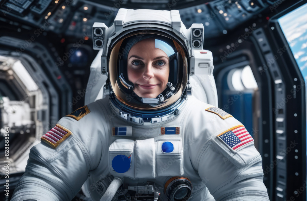 A female astronaut on a space station in a spacesuit smiles. Flights into space A female astronaut on a space station in a spacesuit smiles. Flights into space