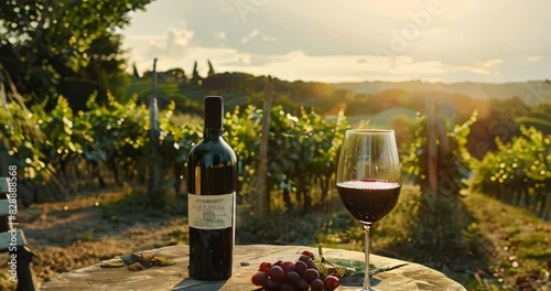 Tuscany vineyard elegance captured with red wine bottle and glass on a table