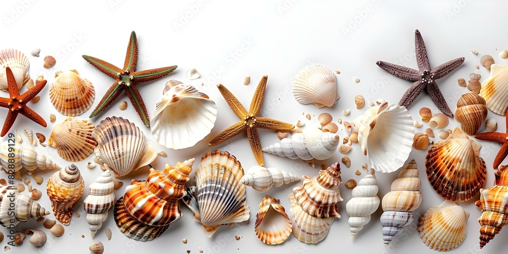 Seashells and starfish isolated on a white background in a panoramic view. Concept Seashells, Starfish, White Background, Panoramic View Seashells and starfish isolated on a white background in a panoramic view. Concept Seashells, Starfish, White Background, Panoramic View