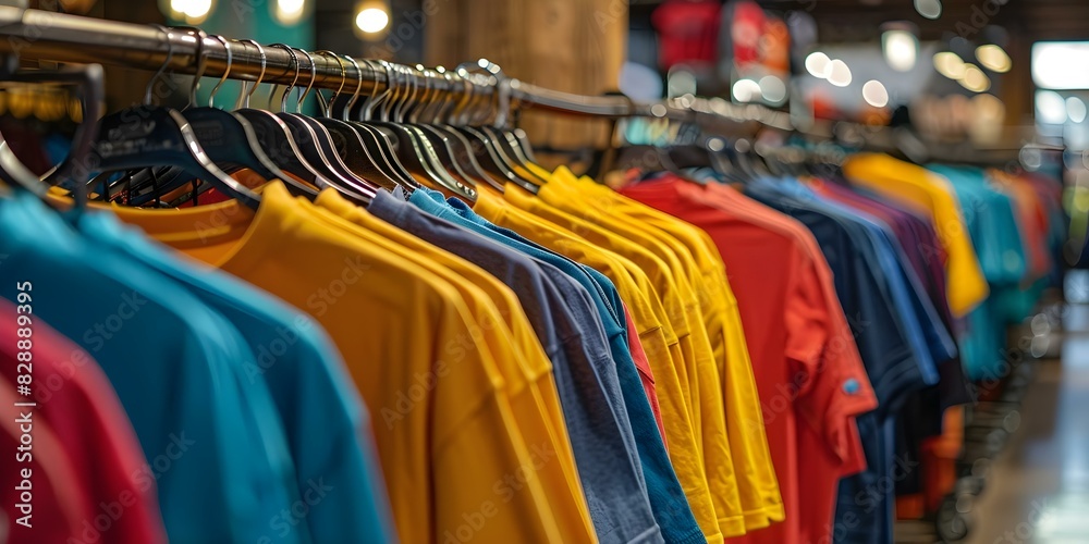 Fototapeta premium Colorful shirts neatly hung on display racks in a clothing store. Concept Colorful Shirts, Display Racks, Clothing Store, Neat, Shopping