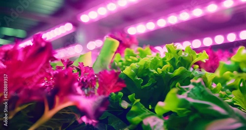 Innovative indoor vertical farming with LED lighting depicts sustainable agriculture and proactive carbon footprint reduction. Sustainable carbon reduction photo