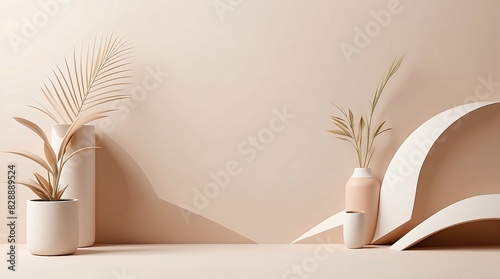3D beige room, pastel beige colors, cosmetics product display