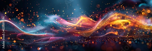 A dynamic abstract image featuring colorful light waves and floating particles