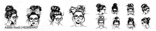 Diverse Women with Glasses and Hair Buns Vector Illustrations, Handdrawn Women with Glasses in Various Poses Clipart