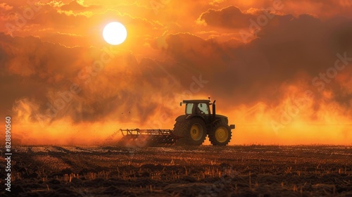 Tractor plowing field during sunset.