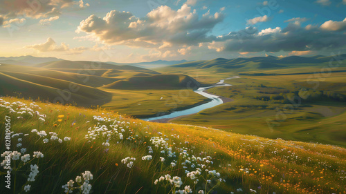 Photo of a picturesque countryside landscape with rolling hills, blooming flowers, and a winding river, evoking the beauty and tranquility of rural life.