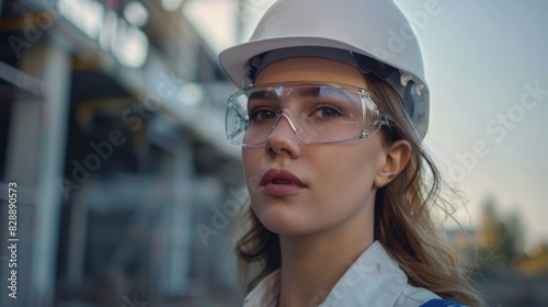 Young female construction worker looks off into the distance while wearing safety glasses. © VISUAL BACKGROUND