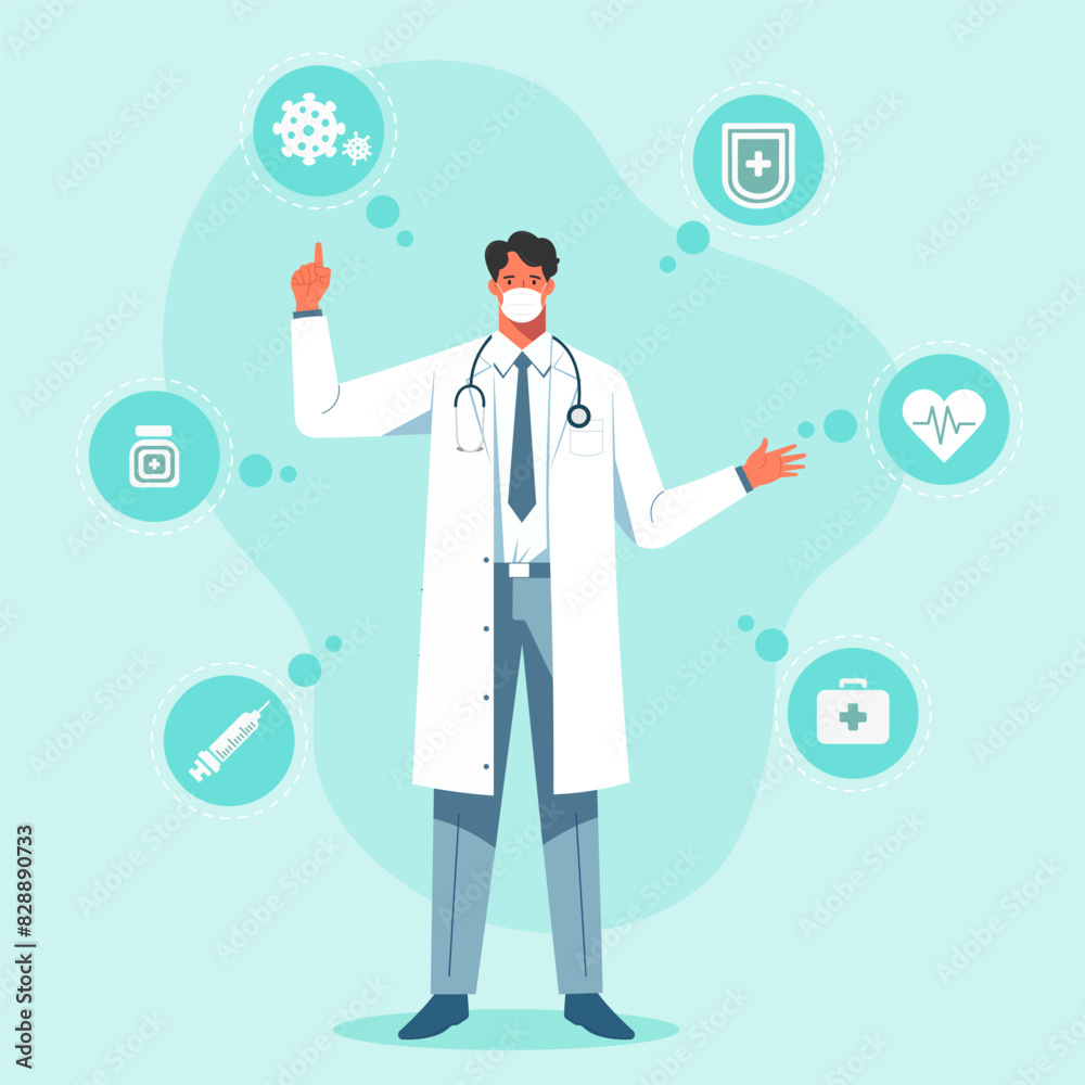male doctor wearing a white gown and mask, presenting information related to epidemic and medical treatment icon, healthcare,virus,shield,heart,medicine bottle,syringe, concept of health protection male doctor wearing a white gown and mask, presenting information related to epidemic and medical treatment icon, healthcare,virus,shield,heart,medicine bottle,syringe, concept of health protection