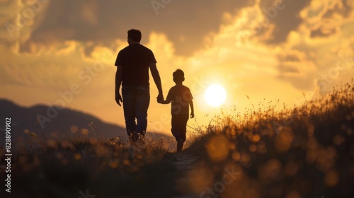 Silhouette of father holding his child's hand walking into the sunset. Fatherhood, parenting concept photo