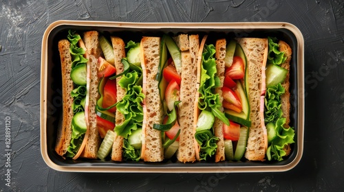 Top view of a lunchbox filled with healthy vegetable sandwiches with various toppings on a dark surface