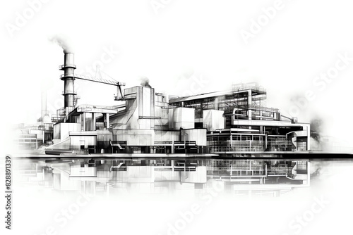 Pencil sketch of a factory with smoke stacks and a water reflection © Nathakorn