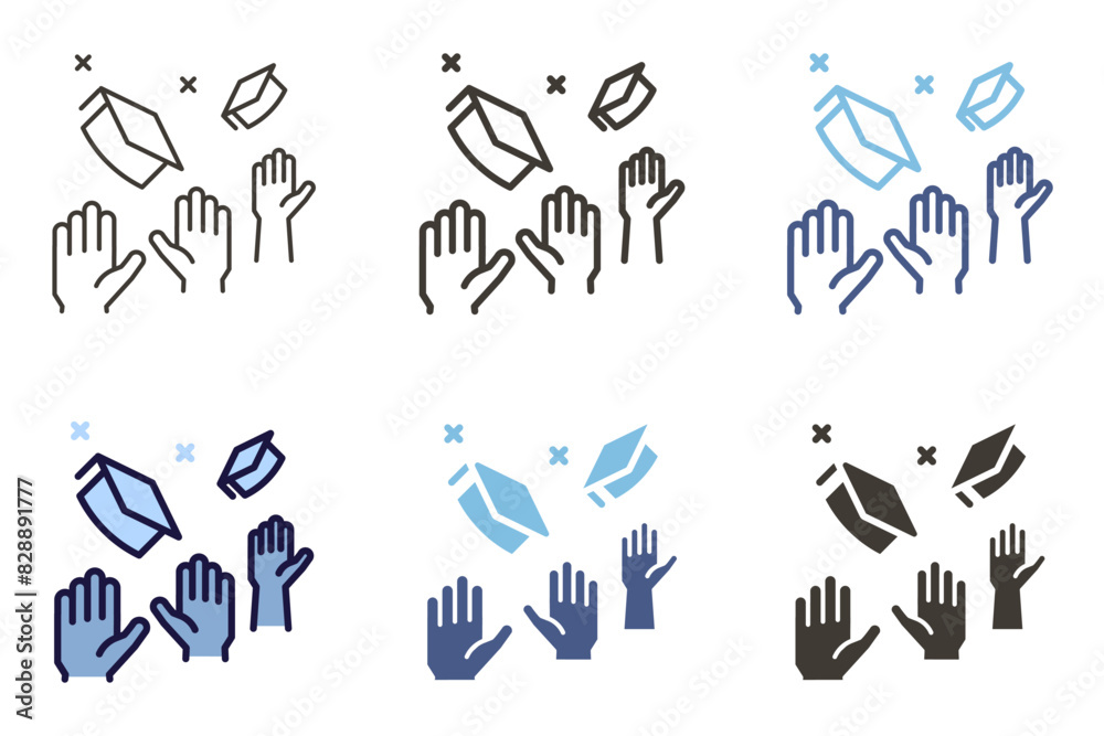 Graduate students arms and hands raised up throwing mortarboard hats in graduation celebration icon. Vector graphic elements