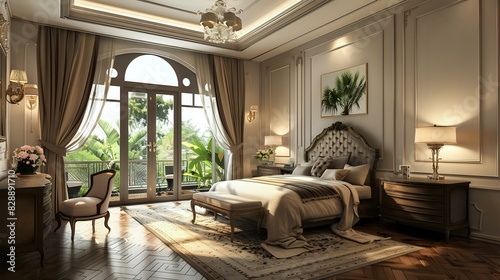 a beautiful bedroom with dressing table in front of the bed having a wide window and elegant ceiling